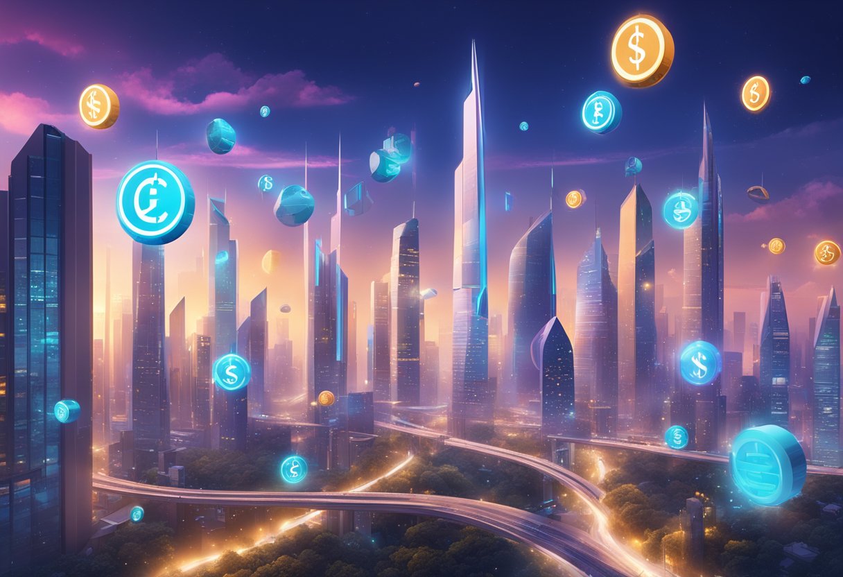 Uma paisagem urbana futurista com 12 símbolos de moeda digital únicos e vibrantes flutuando no ar, cercados por tecnologia de ponta e exibições digitais.