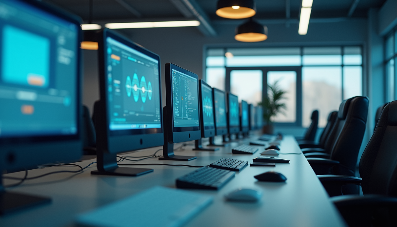 Eye-level view of a modern office with AI-powered computers
