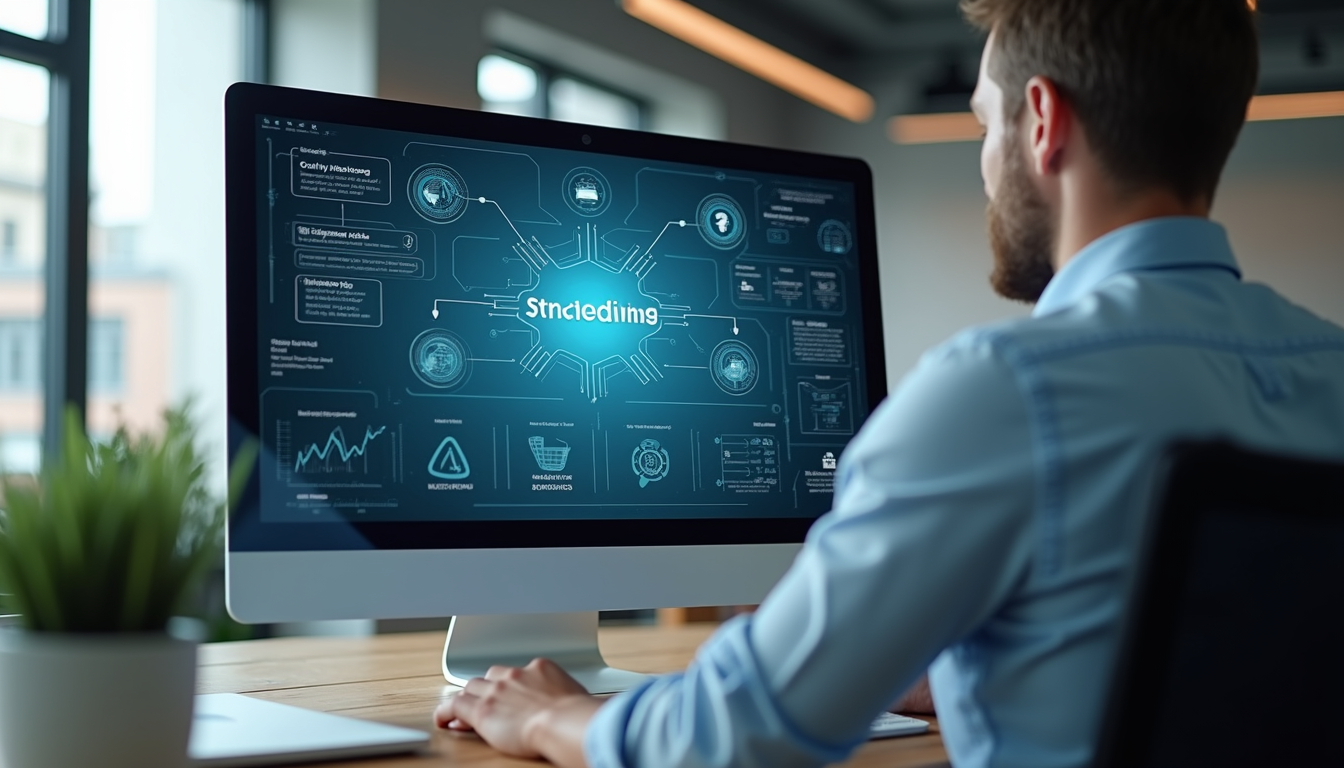 High angle view of a modern office with digital marketing strategy on screen