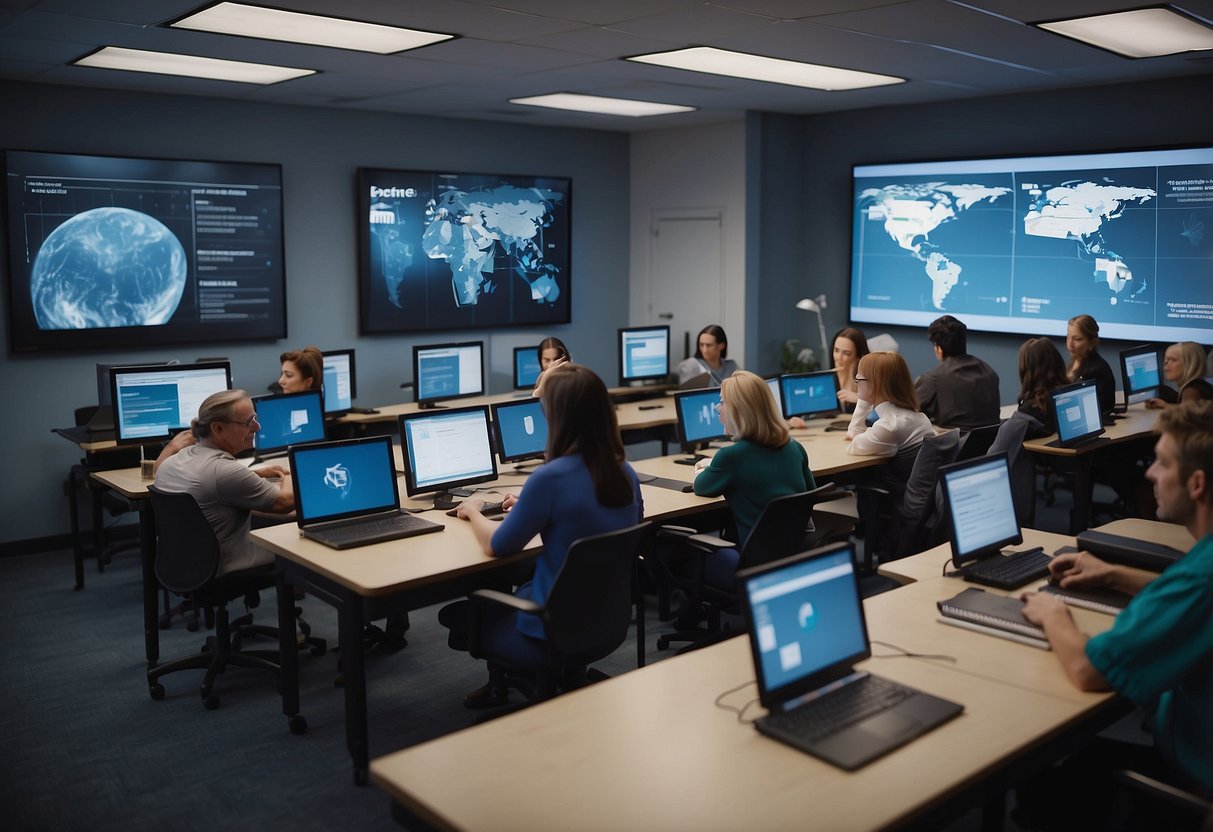 A classroom setting with digital health tools and AI technology displayed on screens, while professionals in healthcare engage in learning and discussion