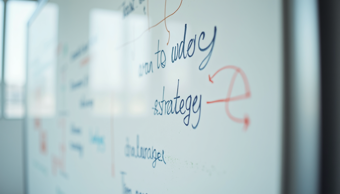Close-up view of a whiteboard with AI strategy and workflow diagrams