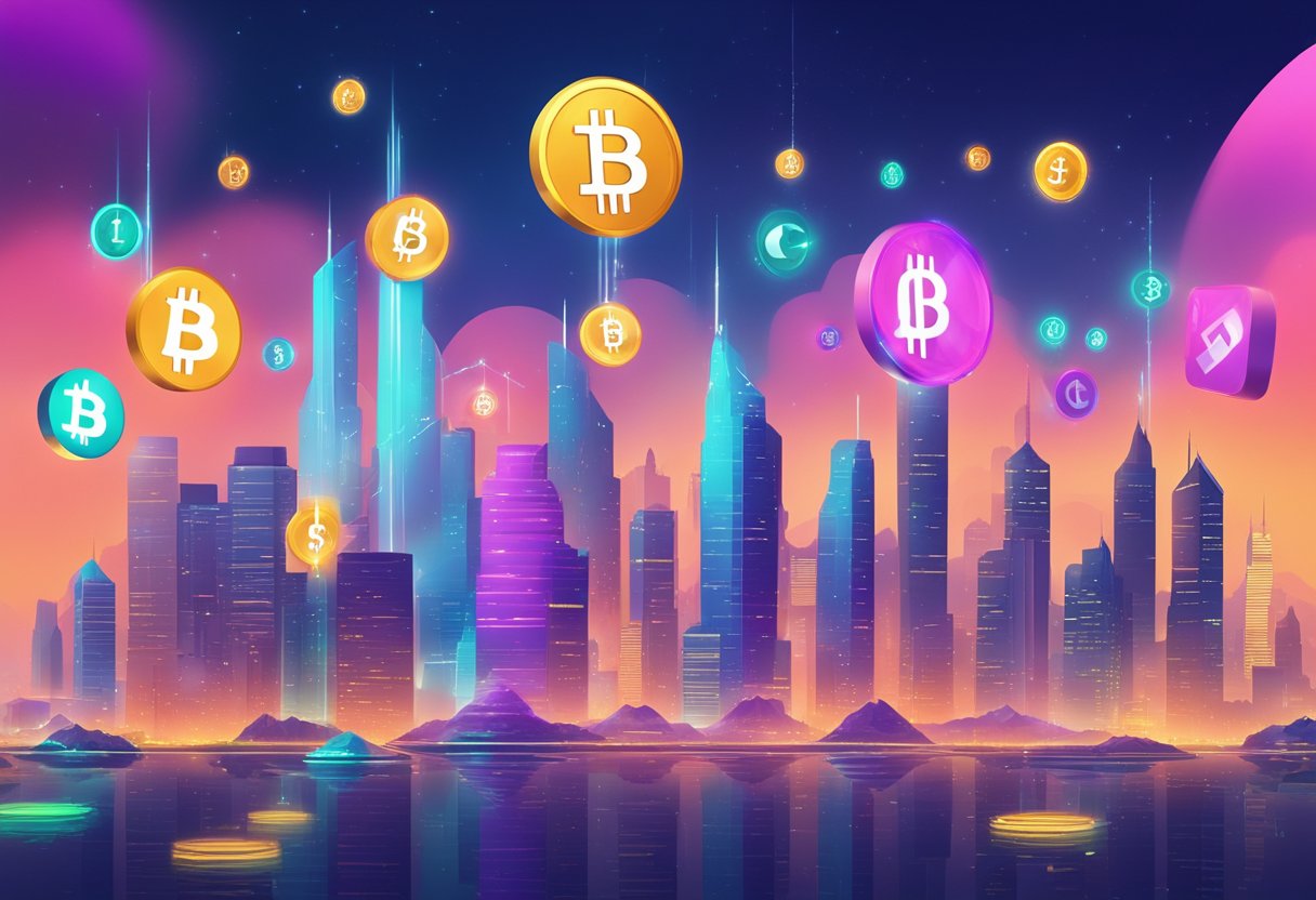 Um horizonte urbano futurista com 12 símbolos de moeda digital únicos e vibrantes flutuando no ar, representando as tendências do mercado para criptomoedas em 2025
