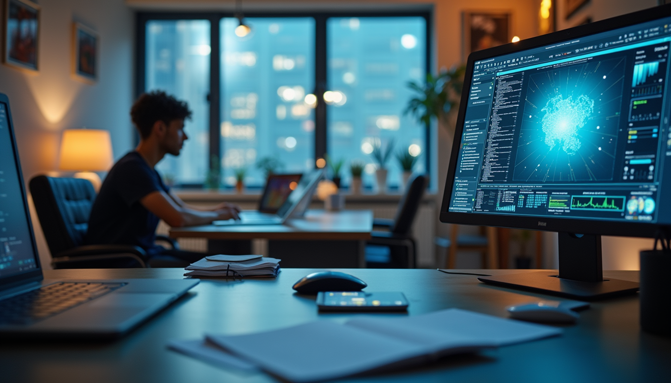 Wide angle view of a modern workspace with AI tools