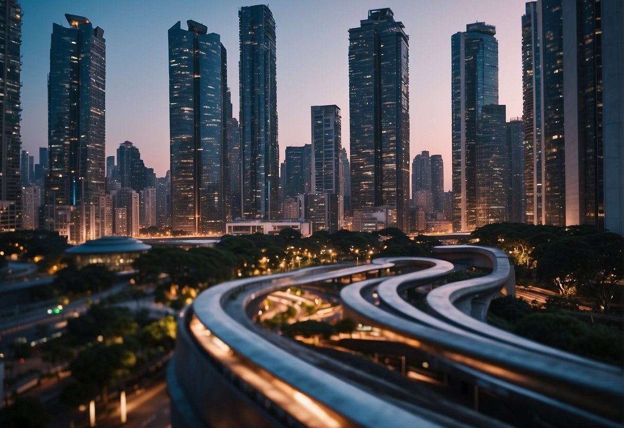 A bustling cityscape with futuristic buildings and technology hubs, showcasing the innovative spirit of Brazilian startups