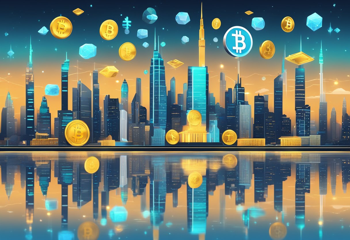 Um horizonte de cidade futurista com 12 símbolos distintos de criptomoedas flutuando acima, representando o Binance Coin e outras principais criptomoedas para 2025