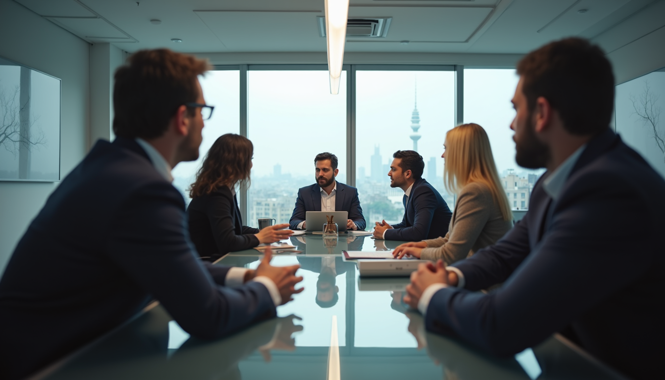 Eye-level view de sala de reunião corporativa com líderes discutindo estratégias digitais