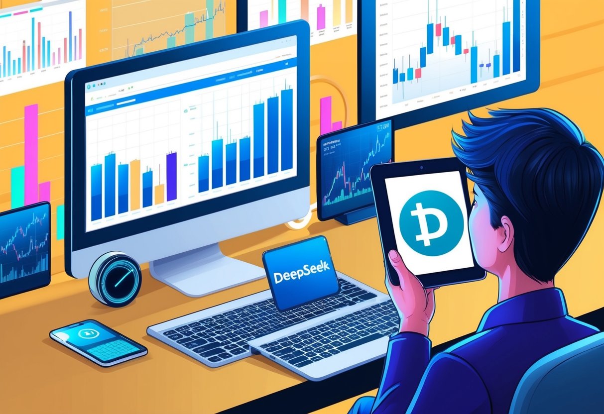 Uma pessoa sentada em uma mesa com um computador, cercada por gráficos e tabelas relacionados ao comércio de criptomoedas. Ela está segurando um tablet com o logotipo da DeepSeek na tela.