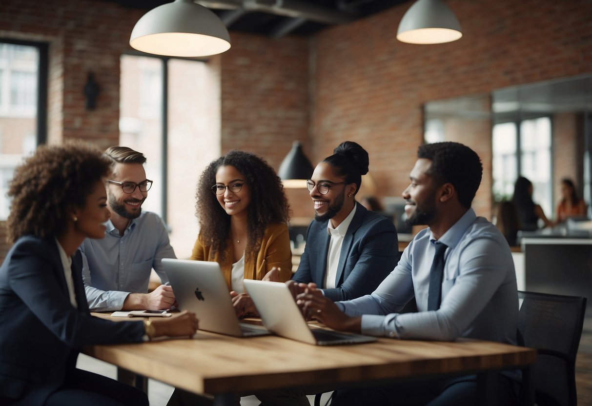 A group of diverse employees collaborate on digital initiatives in a traditional office setting, integrating technology into their daily tasks