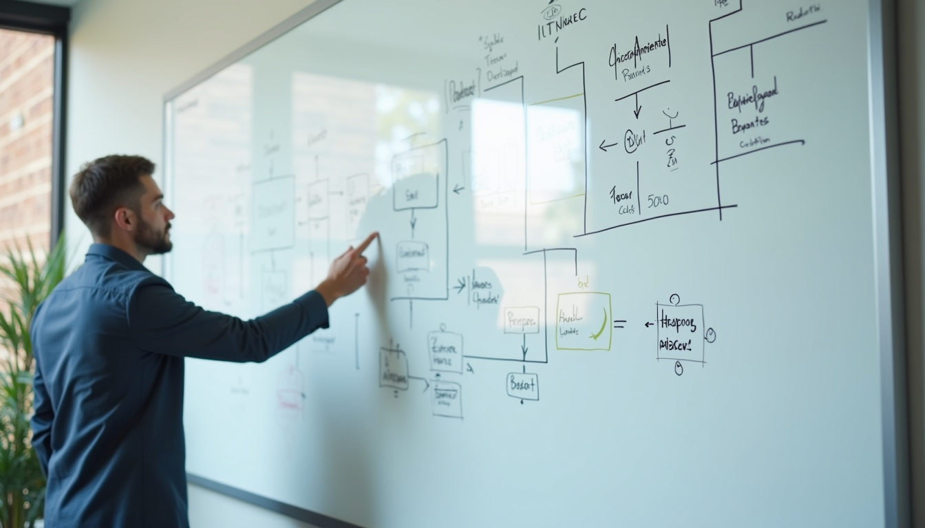 Visão lateral de um quadro branco com anotações e fluxogramas de desenvolvimento de software