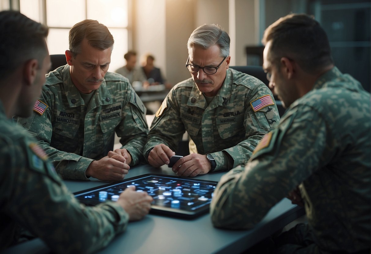 A group of military strategists using innovative tactics in a corporate setting, utilizing time as a strategic resource