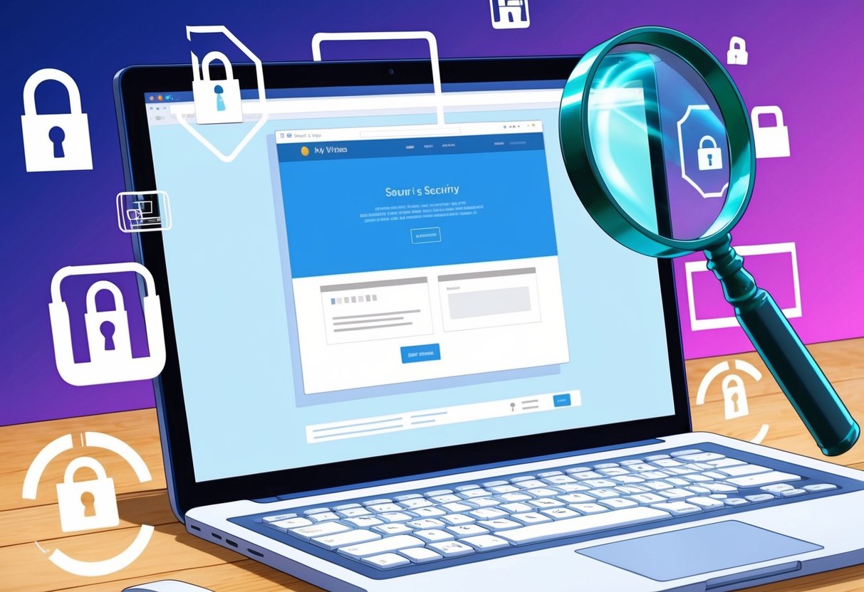 Uma tela de computador com um site exibido, cercada por símbolos de segurança e uma lupa pairando sobre ela.