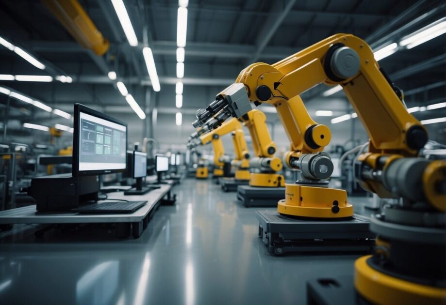A factory floor with robotic arms assembling products, while AI software monitors and optimizes production processes