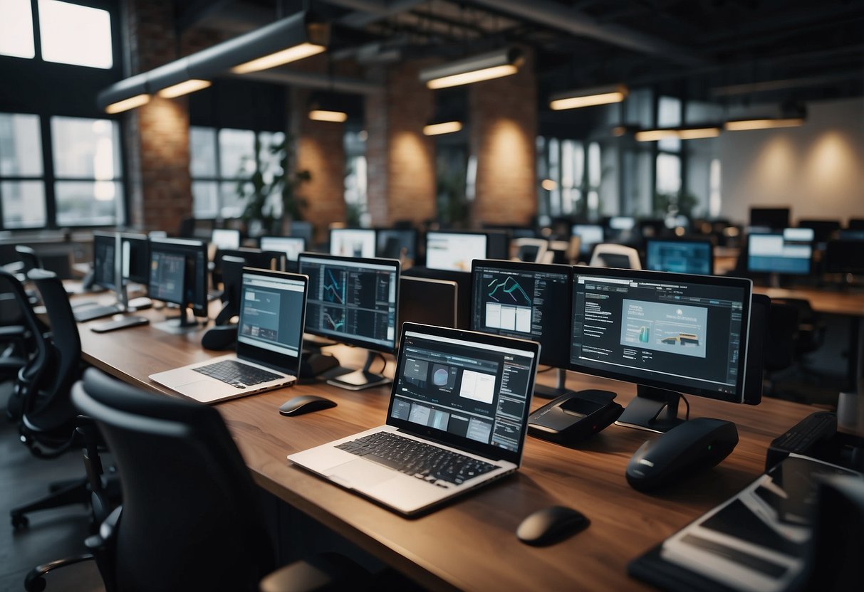 A traditional office space with modern technology integration and digital tools. Open laptops, smart devices, and interactive screens in use