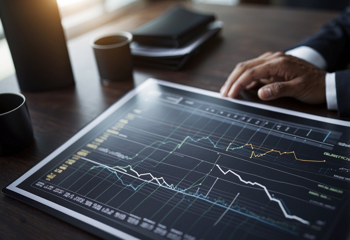 A CEO analyzing key metrics for marketing and sales. Graphs and charts showing performance indicators