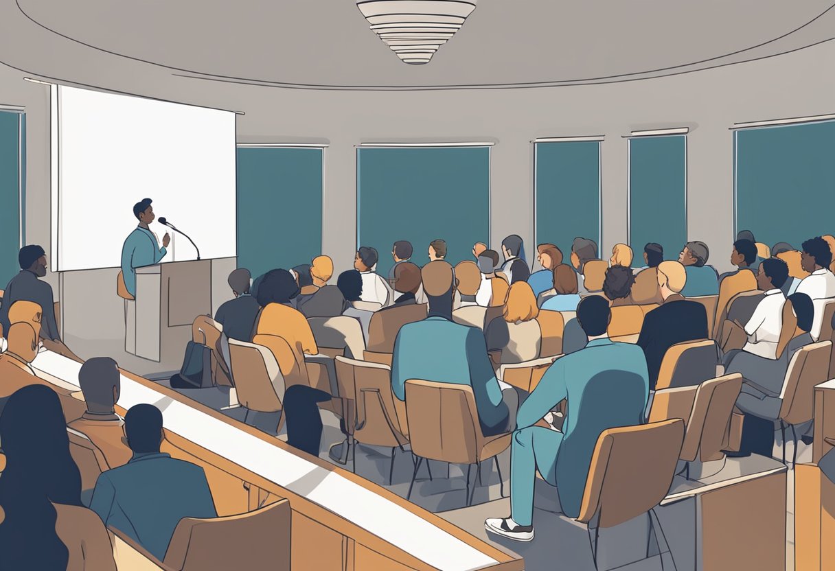 A podium with a microphone surrounded by a diverse audience, engaged in a discussion about innovative approaches to organizing lectures