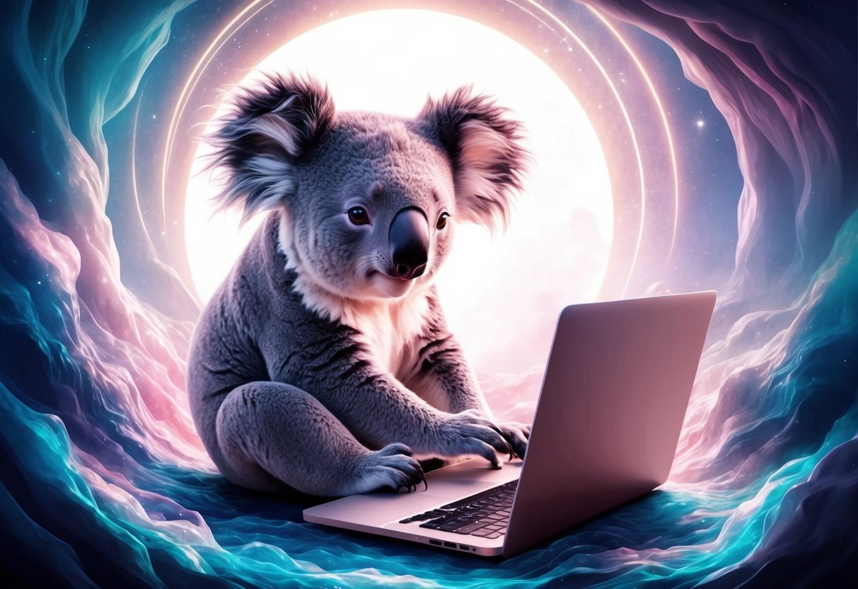 Um coalas usando um laptop para otimizar SEO no WordPress com ferramentas de IA