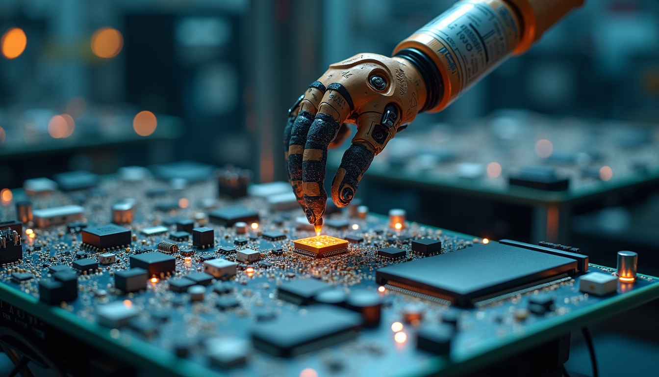 Close-up of a robotic arm assembling electronic components