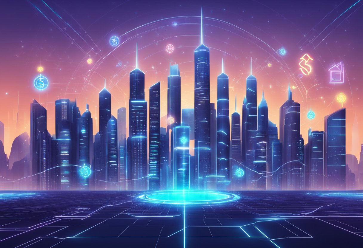 Um horizonte de cidade futurista com símbolos de moeda digital flutuando acima, conectados por linhas luminosas e cercados por tecnologia avançada.