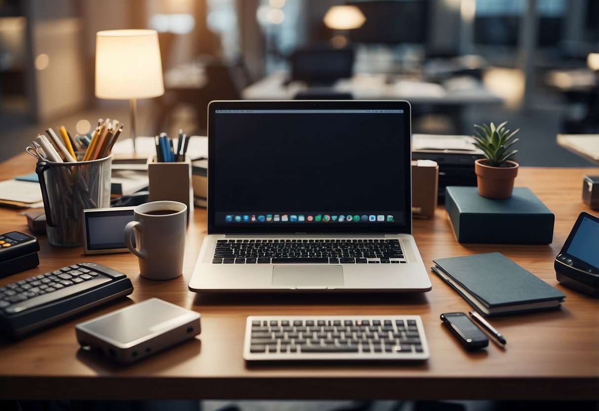 A group of traditional office supplies transform into digital tools, symbolizing the transition to a digital culture in a company