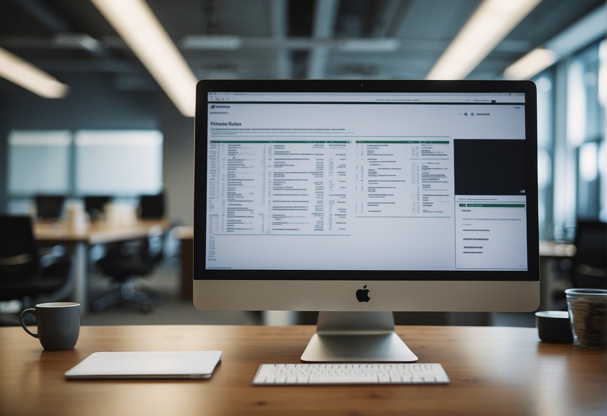 A bustling office with people brainstorming, a whiteboard filled with ideas, and a computer screen displaying the blog of Gustavo Caetano