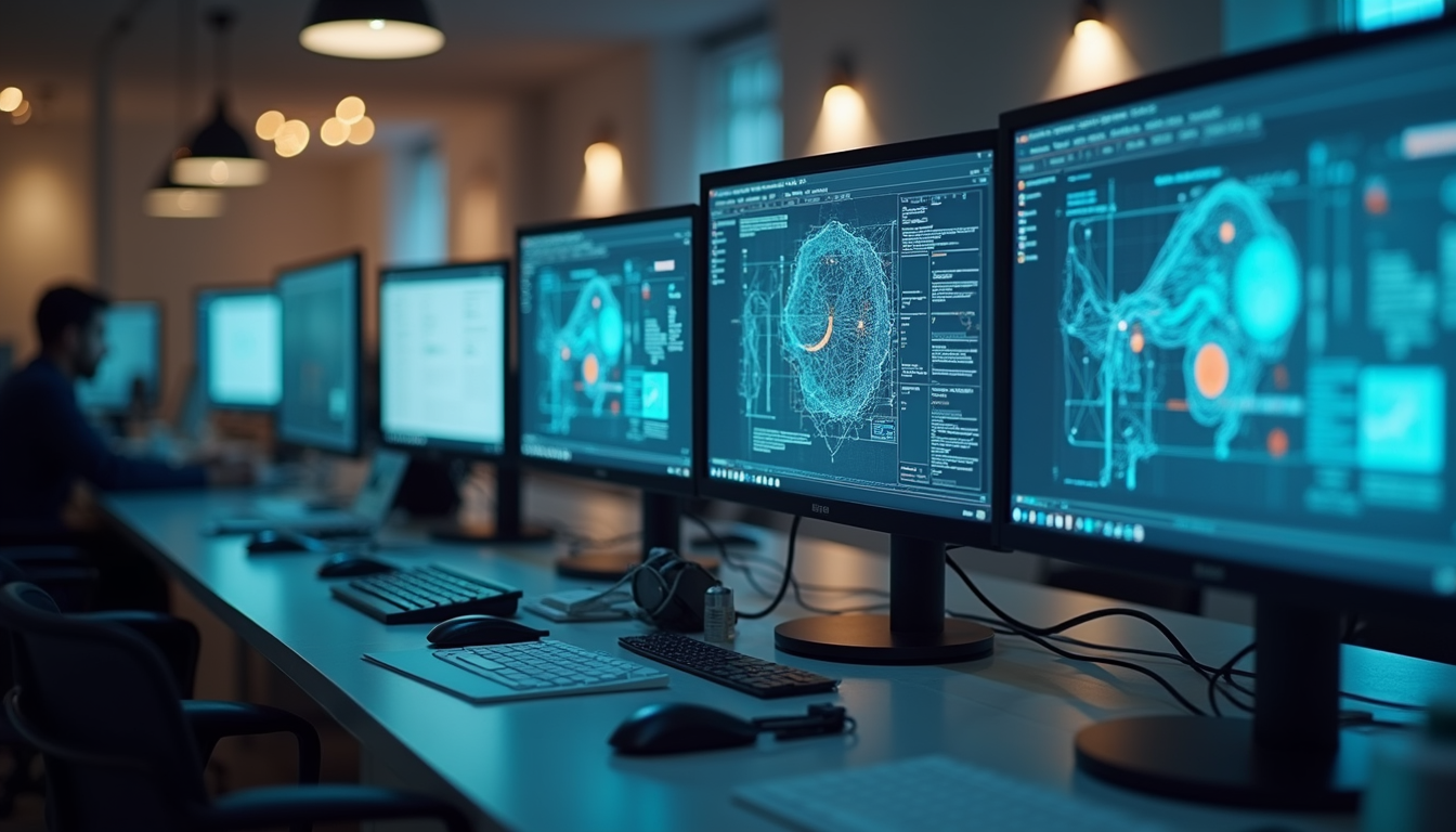 Eye-level view of a modern office with AI workflow diagrams on screens