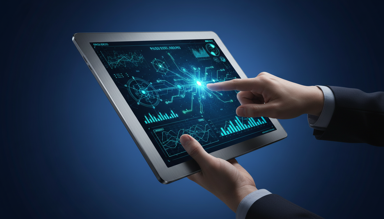Close-up view of a CEO analyzing AI data on a digital tablet