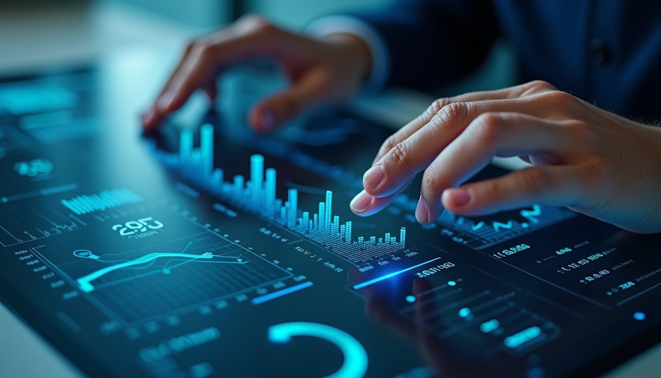 High angle view of a digital dashboard showing business metrics and AI insights