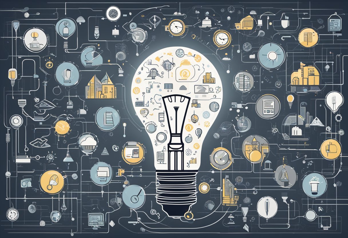 A lightbulb surrounded by various symbols representing different types of innovation, such as technology, design, and business strategies