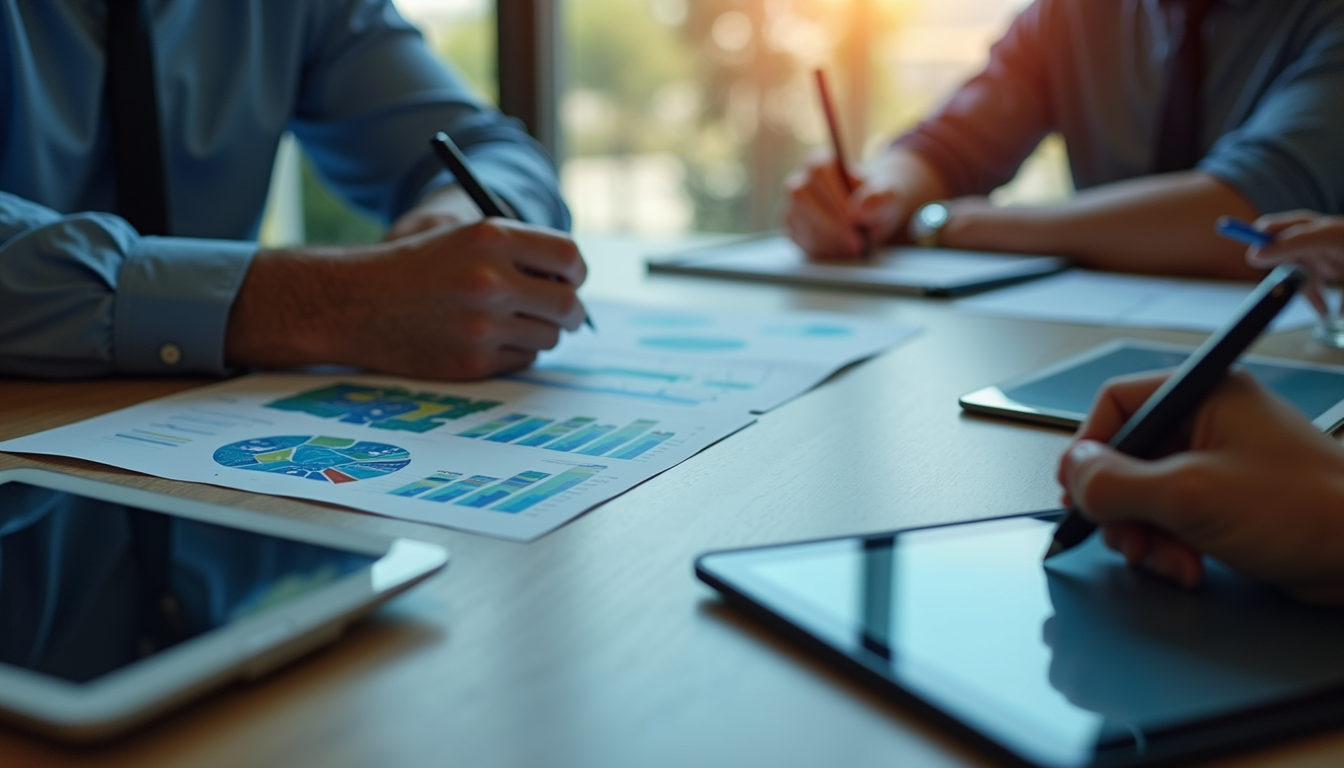 High angle view of a business meeting with digital tablets and charts