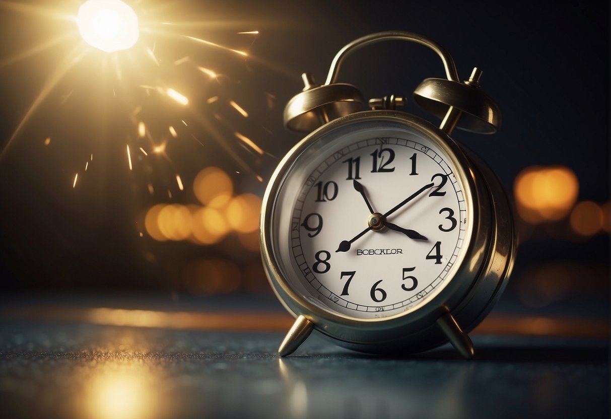 A clock ticking rapidly as energy flows into a focused beam, illuminating a clear path towards a goal