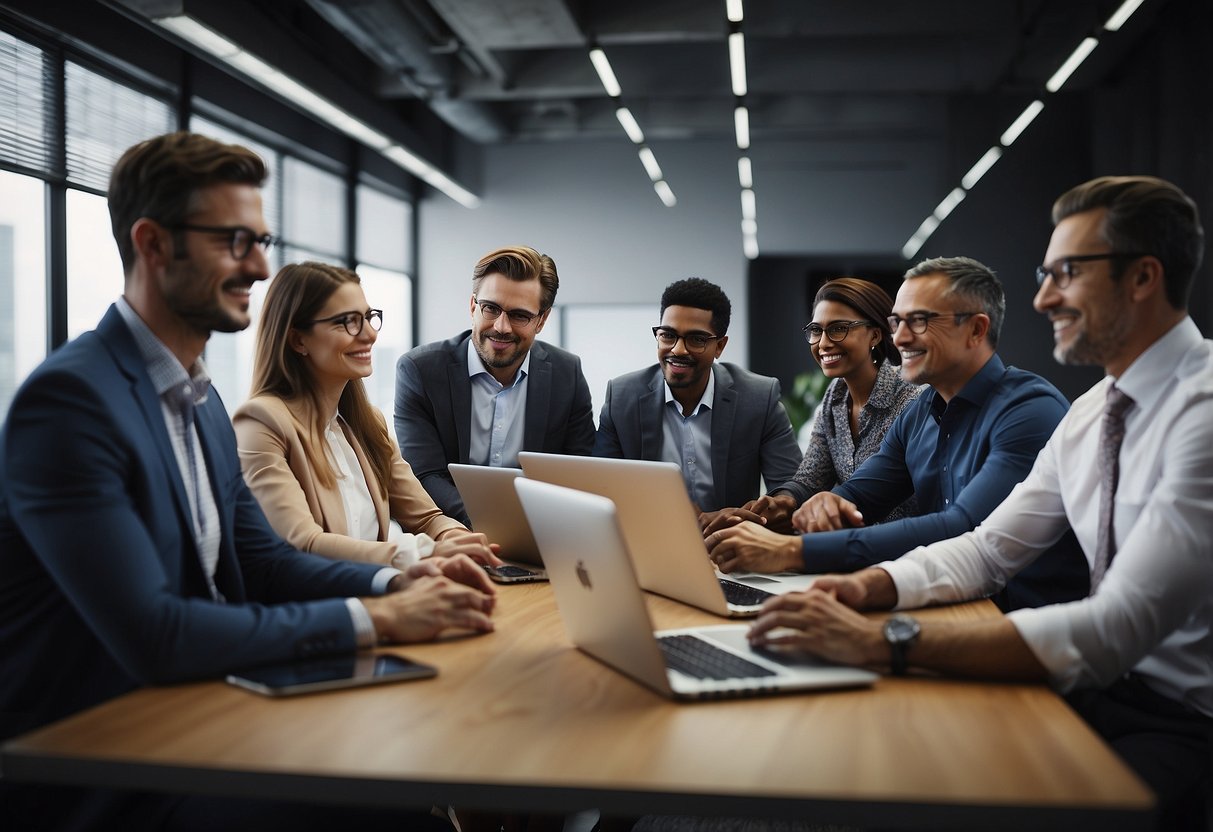 A group of employees in a traditional office setting, surrounded by digital devices and engaged in discussions about implementing a digital culture