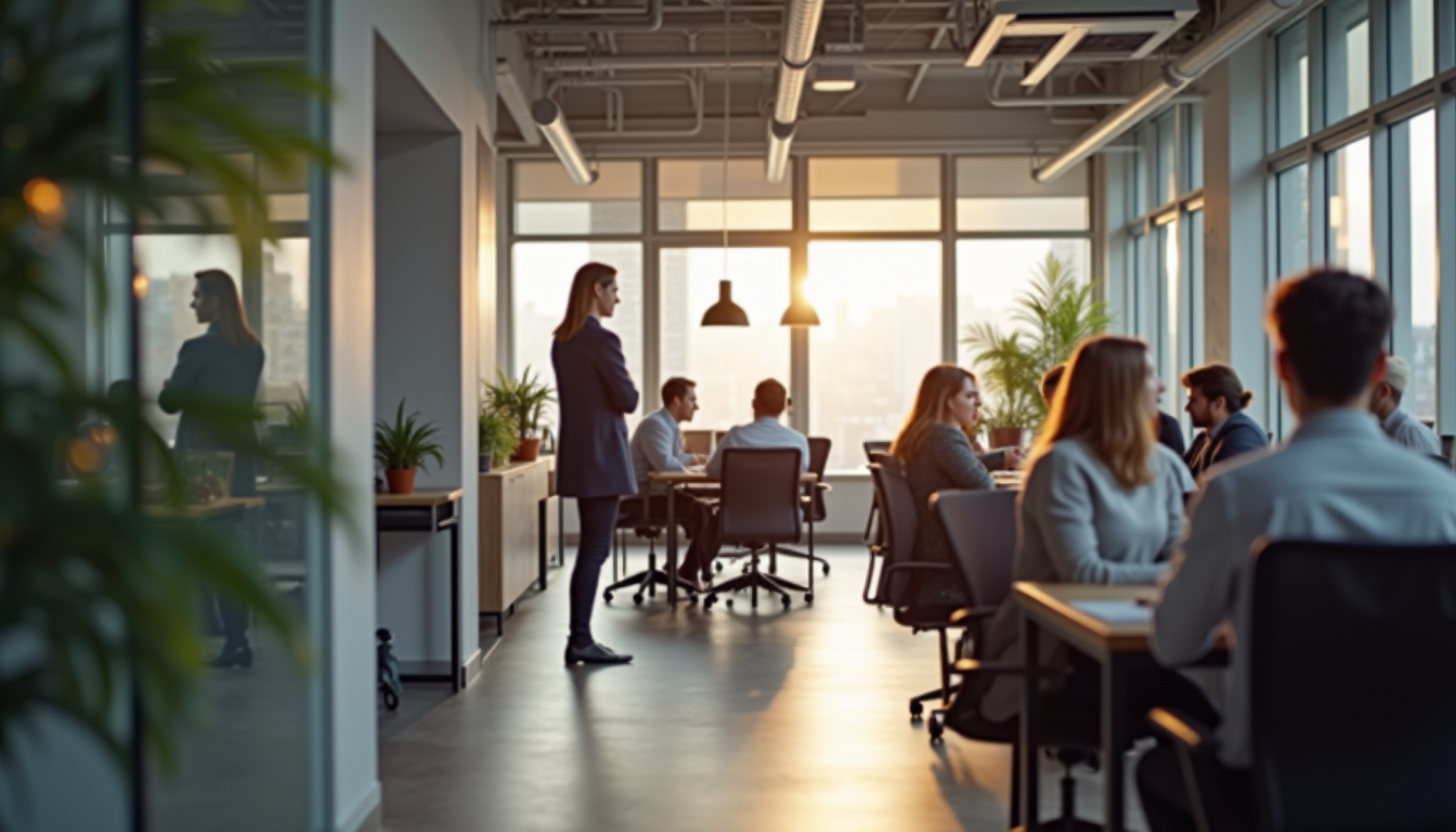 Eye-level view of a modern coworking space with people collaborating