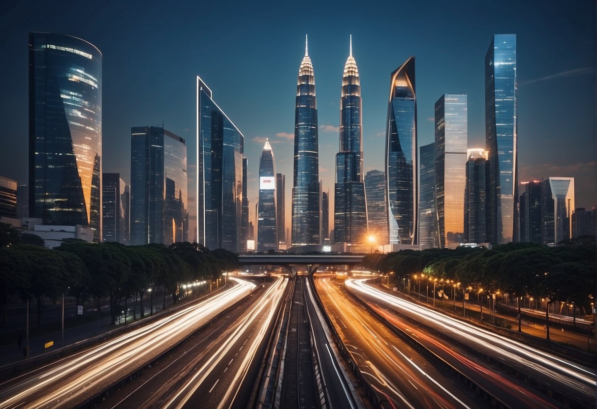 A bustling city skyline with futuristic skyscrapers and advanced technology integrated into daily life. The blog of Gustavo Caetano is displayed on a digital billboard, showcasing its impact on global innovation