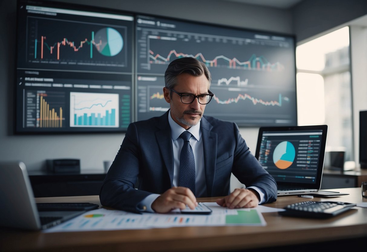 A CEO analyzing financial metrics, surrounded by charts and graphs, with a focus on key performance indicators and trends
