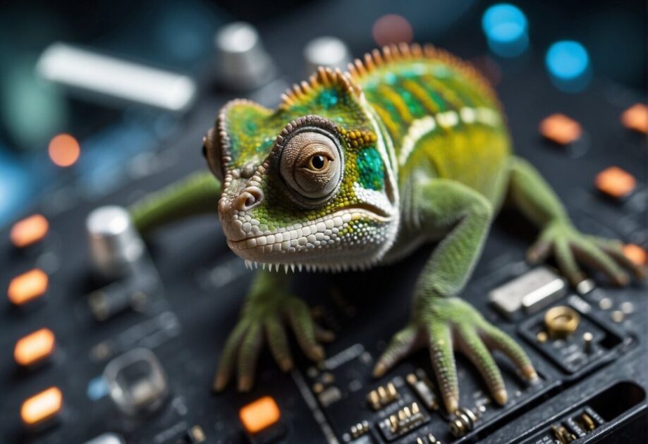 A chameleon blending into various technological environments, symbolizing integration and interoperability