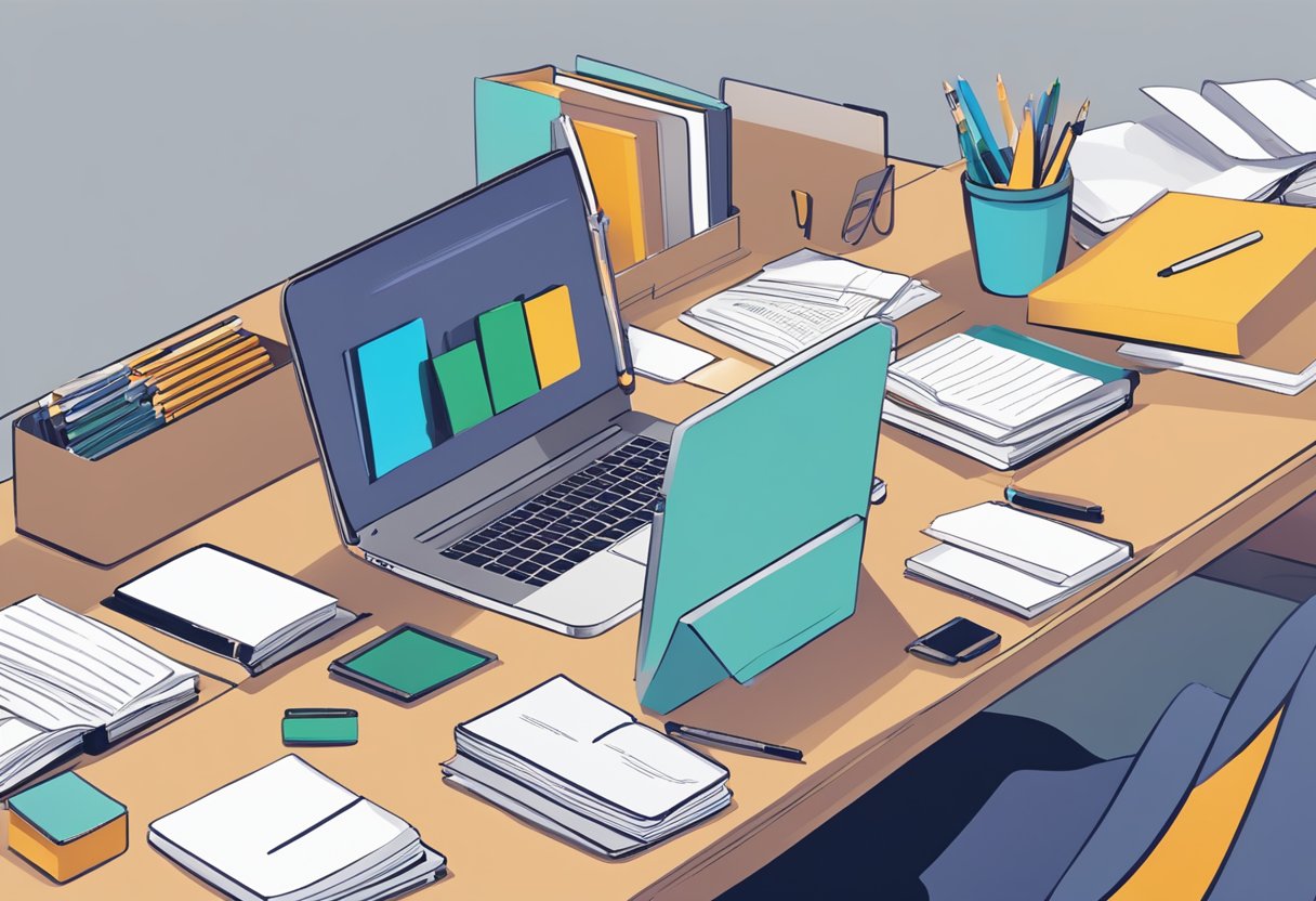 A person at a desk surrounded by notebooks, pens, and a laptop, brainstorming ideas for an innovative lecture
