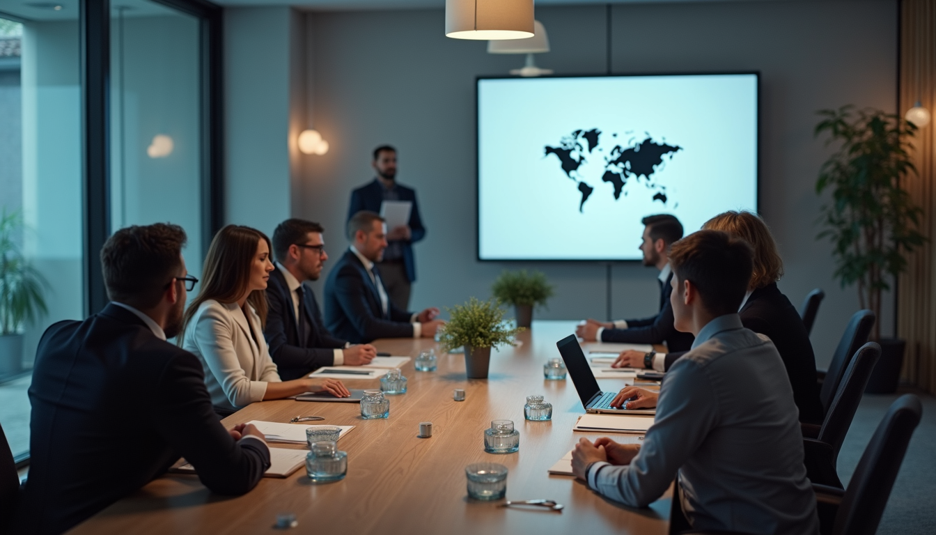 High angle view of a business meeting discussing AI strategy