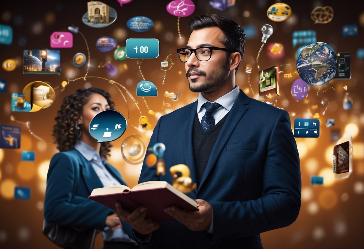 A person holding a book and speaking into a microphone, surrounded by symbols of communication and knowledge, such as speech bubbles, books, and digital devices