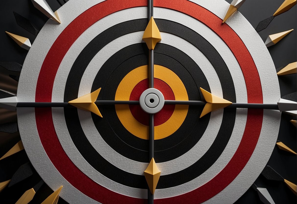 A focused target surrounded by arrows pointing towards it, representing strategic actions to achieve goals easily