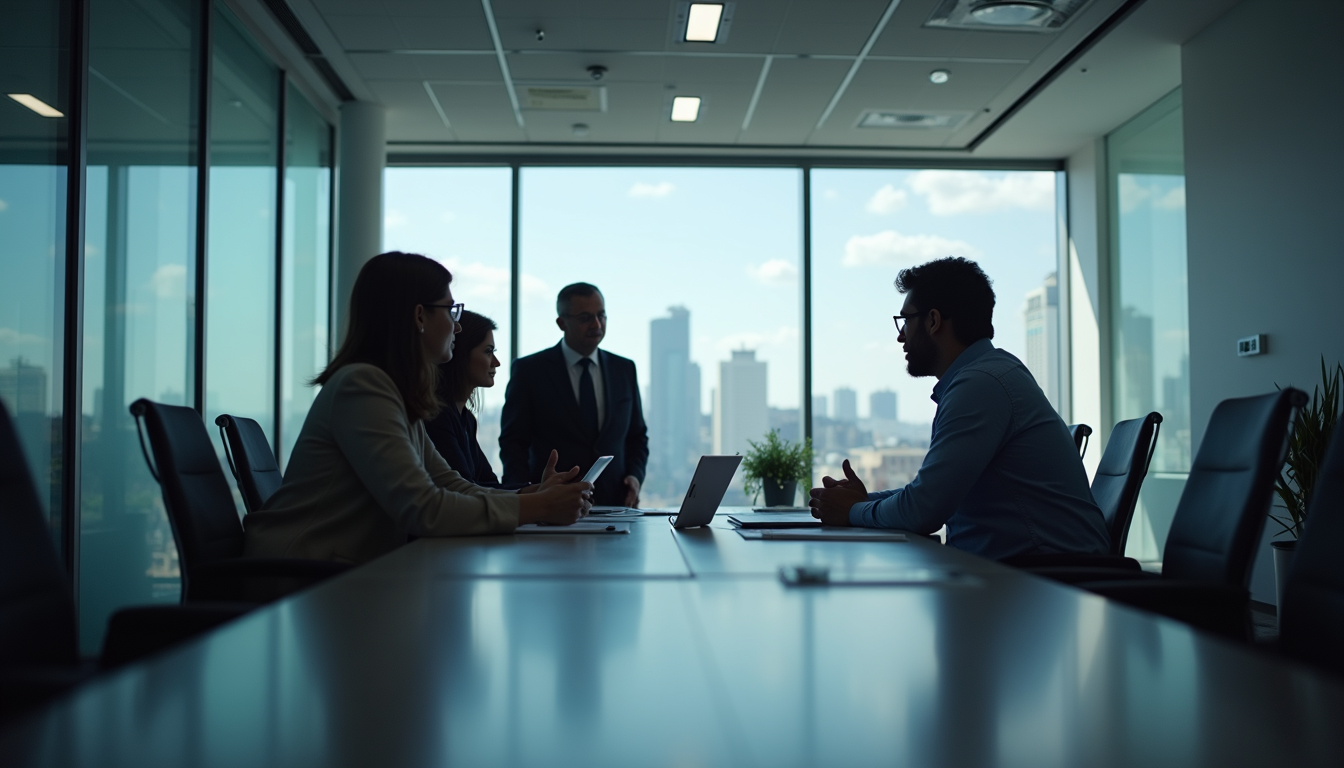 Eye-level view of a modern office with a team discussing AI integration strategies