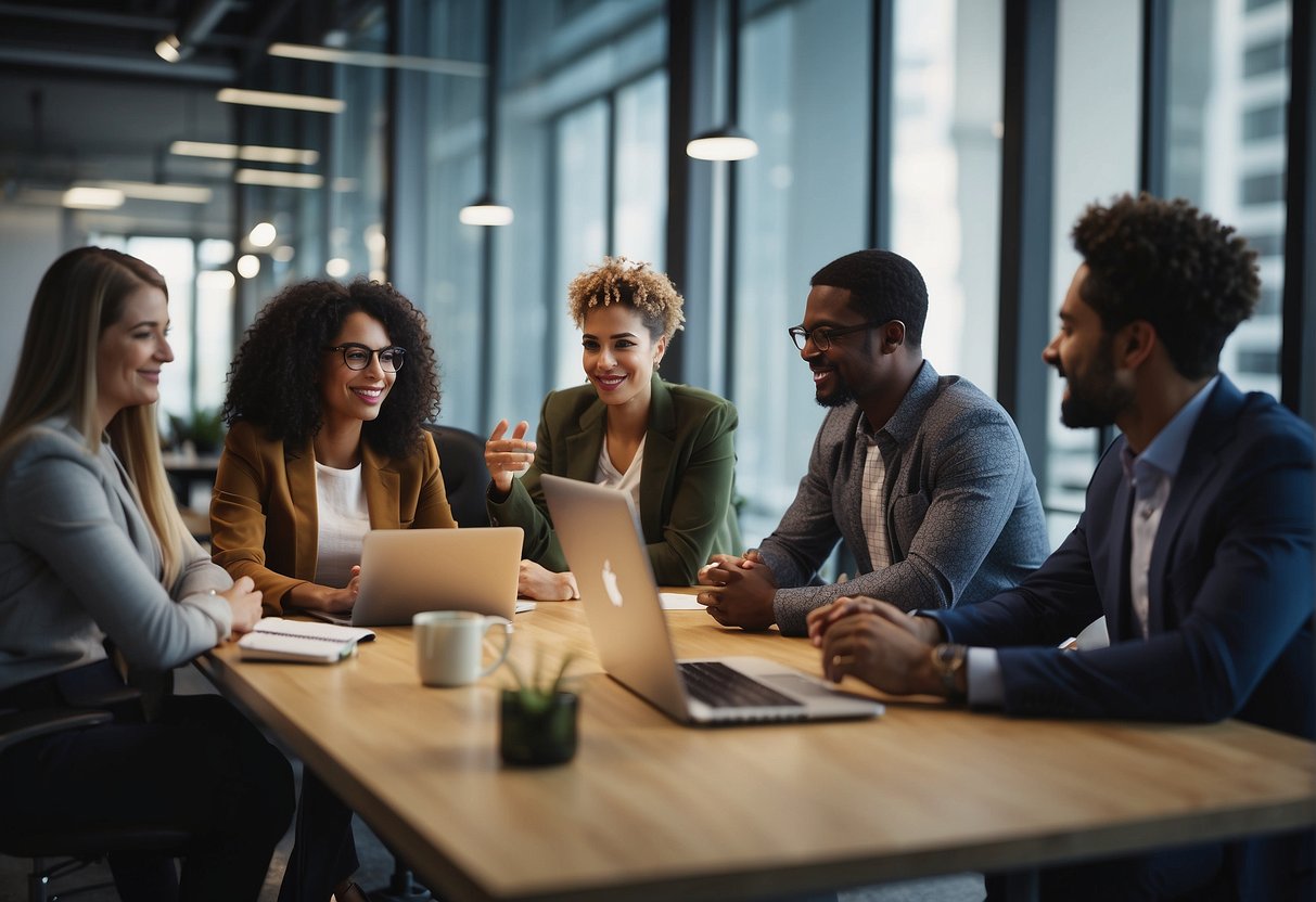 A diverse group of employees collaborating in a modern office space, brainstorming and sharing ideas while surrounded by innovative technology and colorful decor