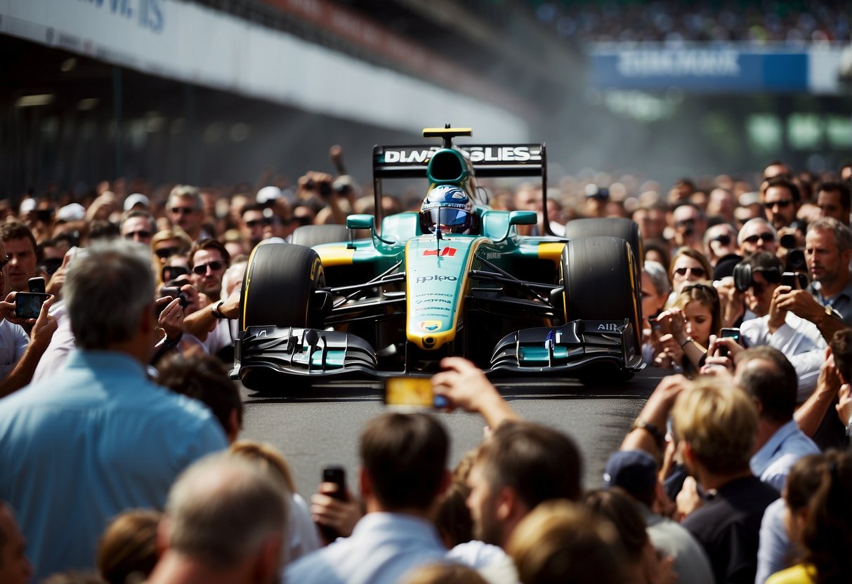 A Formula 1 car surrounded by a crowd of curious onlookers, with a banner overhead reading "Frequently Asked Questions Inovações da F1."