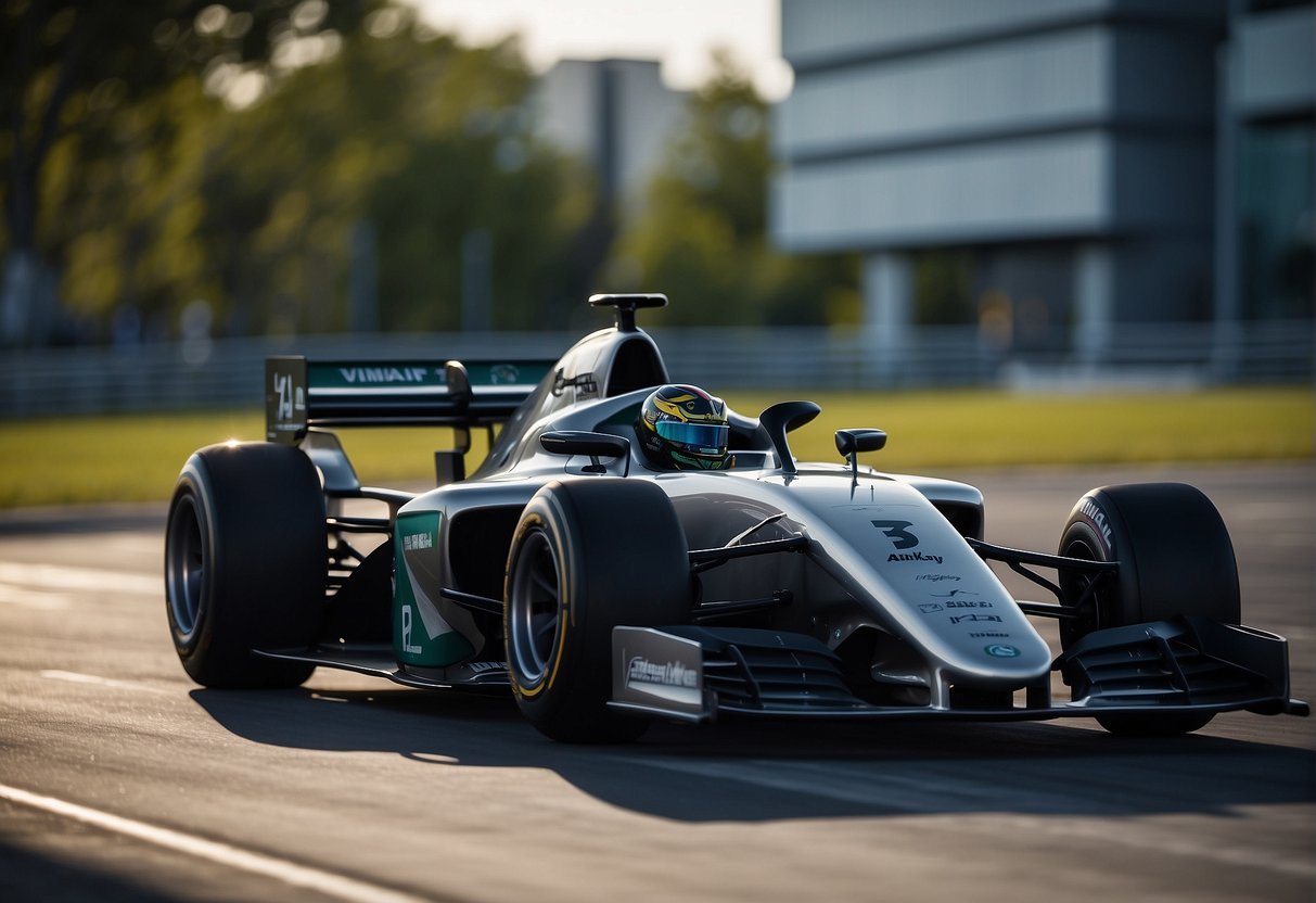 A sleek F1 car zooms past futuristic technology labs, showcasing recent advancements in engineering and design