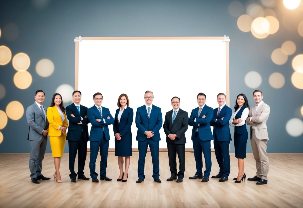 Um grupo de empreendedores em frente a uma tela em branco, simbolizando sua jornada de humildes começos ao sucesso.