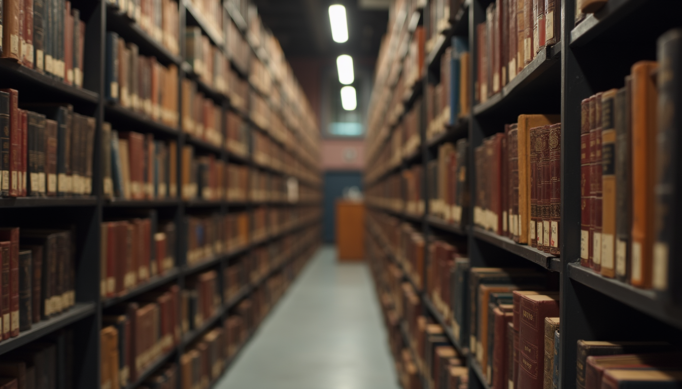 Eye-level view of a library filled with books