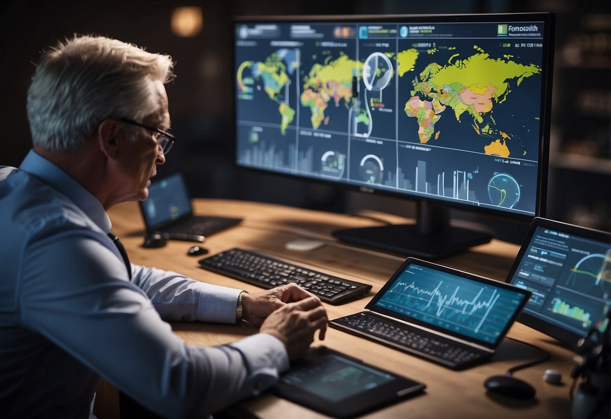A CEO monitors key metrics for social and environmental responsibility. Graphs show progress and impact