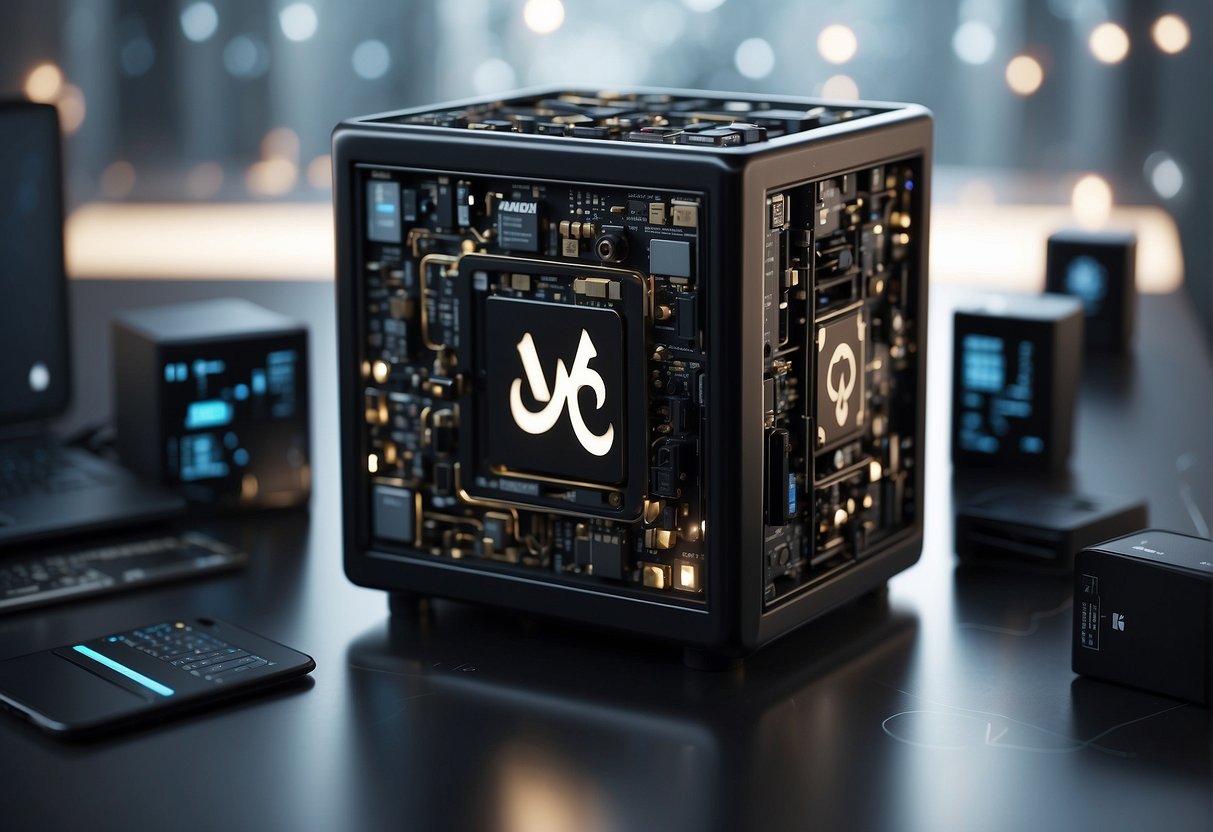 An abstract black box with AI symbols floating around it, surrounded by various technological devices and tools