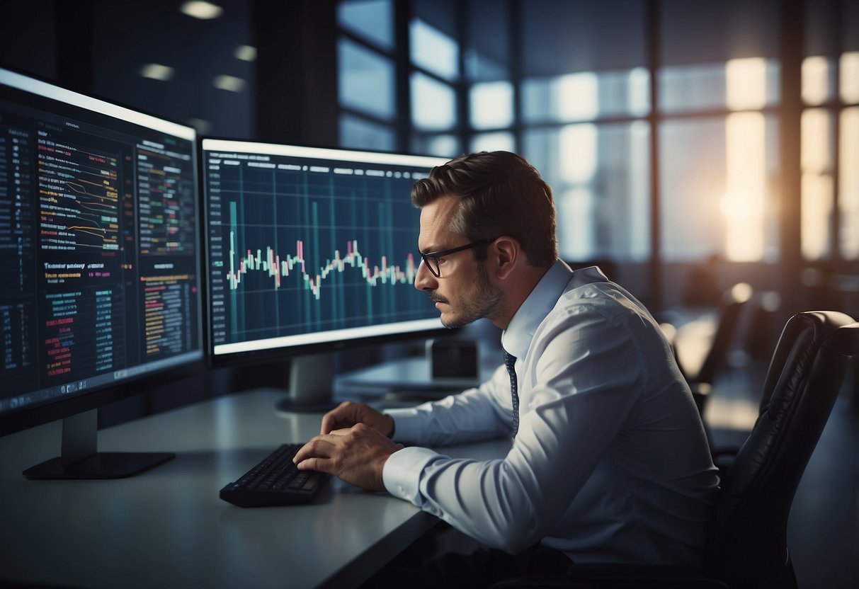 A CEO reviewing key metrics on a computer screen. Charts and graphs display employee performance and engagement data