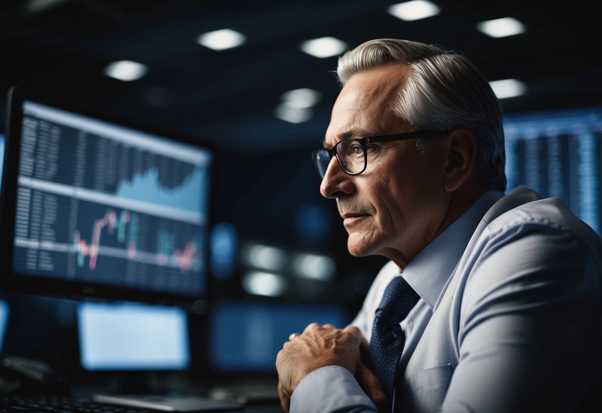 A businessman confidently managing financial resources, analyzing data, and making strategic investment decisions