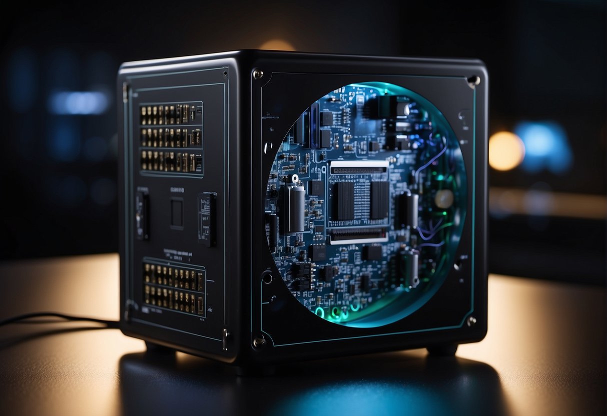 A black box with AI algorithms, wires, and circuit boards, emitting a soft glow in a dimly lit room